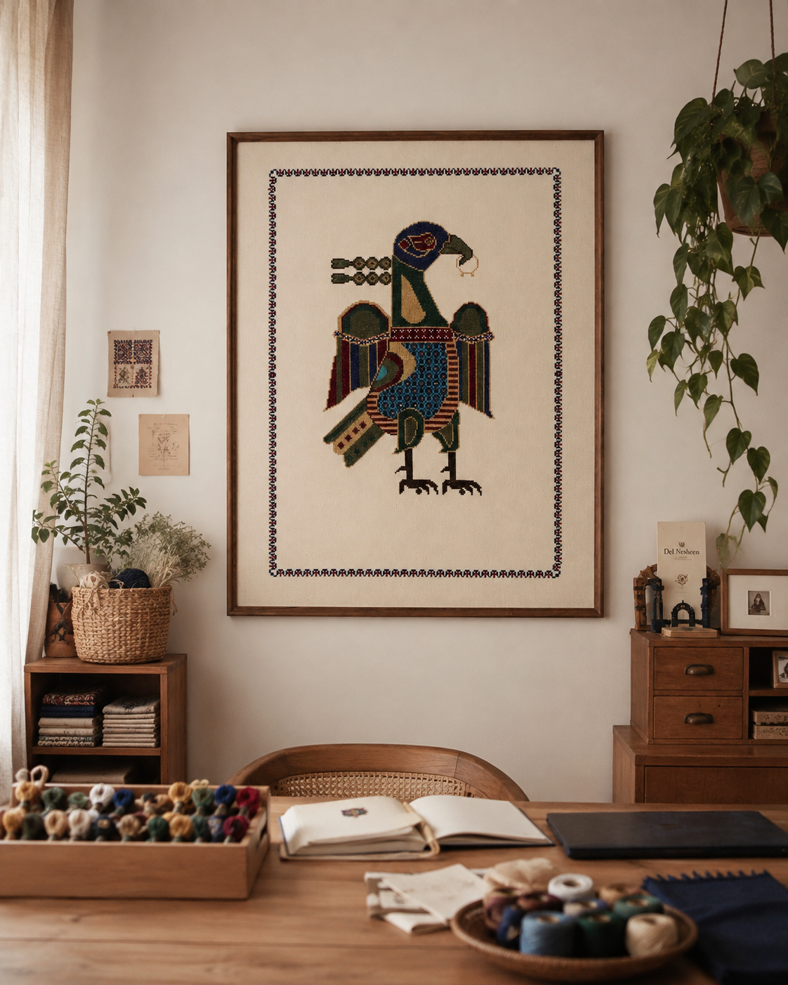 Framed Persian textile design featuring a blue and green bird