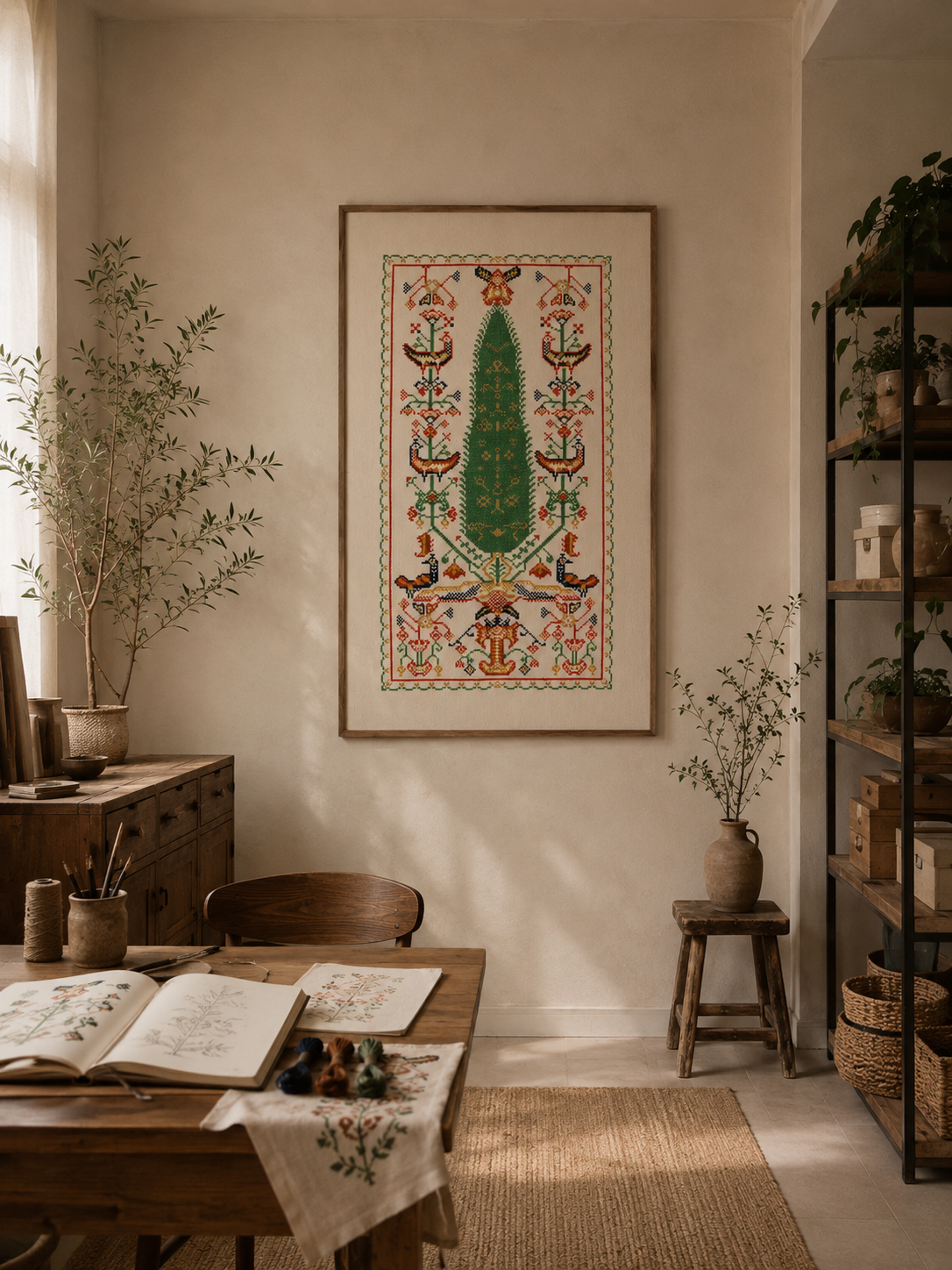 Framed Persian textile motif with a cypress tree and birds