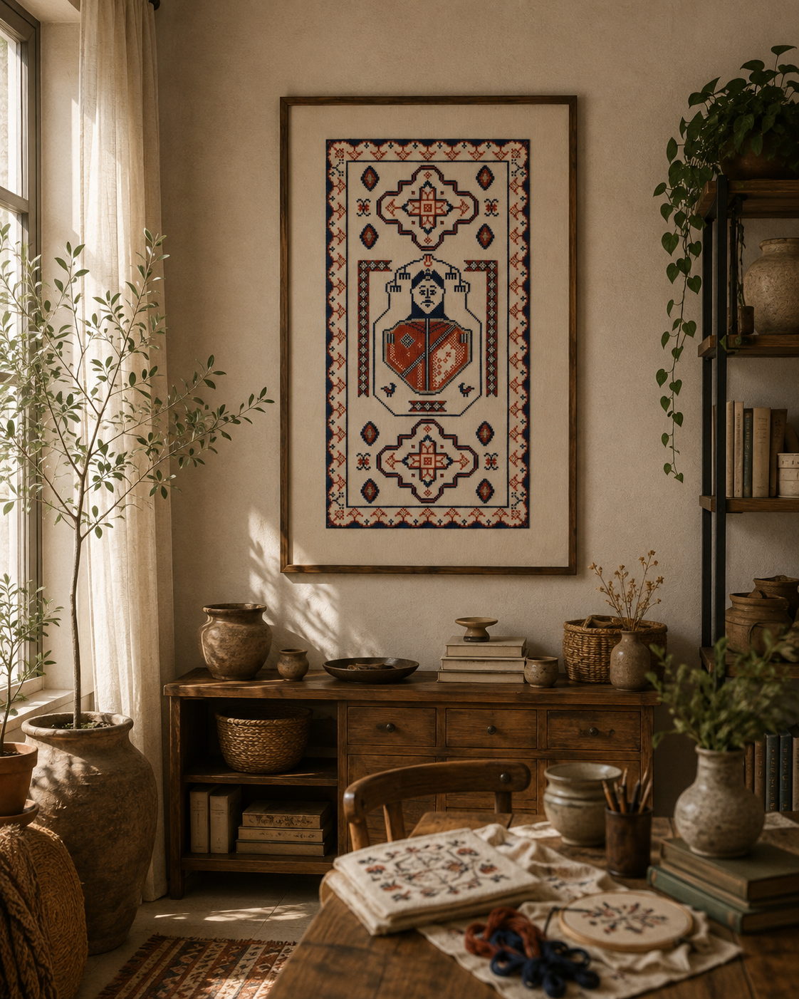 Framed textile motif displayed above a work table with embroidery materials