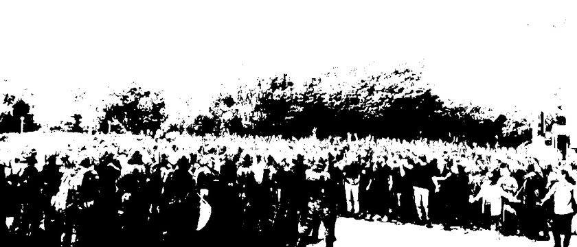 A black-and-white silhouette of a crowd