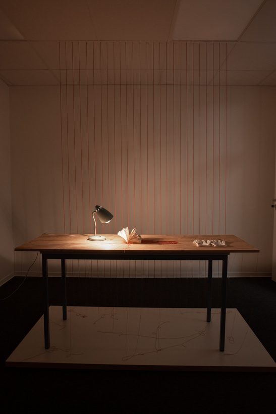 The book displayed on a table in a dim room